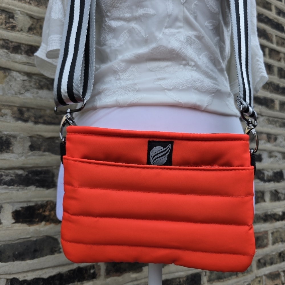 THINK ROYLN Red Quilted Crossbody Bag with Striped Strap